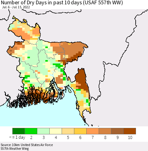 Bangladesh Number of Dry Days in past 10 days (USAF 557th WW) Thematic Map For 7/11/2022 - 7/15/2022