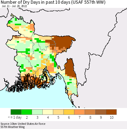 Bangladesh Number of Dry Days in past 10 days (USAF 557th WW) Thematic Map For 7/16/2022 - 7/20/2022