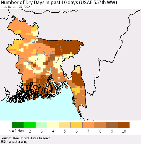 Bangladesh Number of Dry Days in past 10 days (USAF 557th WW) Thematic Map For 7/21/2022 - 7/25/2022