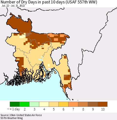 Bangladesh Number of Dry Days in past 10 days (USAF 557th WW) Thematic Map For 7/26/2022 - 7/31/2022