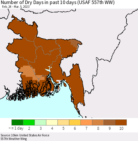 Bangladesh Number of Dry Days in past 10 days (USAF 557th WW) Thematic Map For 3/1/2023 - 3/5/2023