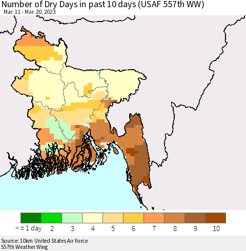 Bangladesh Number of Dry Days in past 10 days (USAF 557th WW) Thematic Map For 3/16/2023 - 3/20/2023