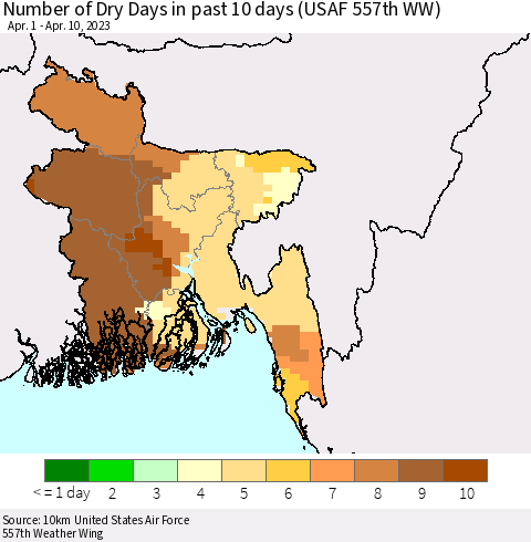 Bangladesh Number of Dry Days in past 10 days (USAF 557th WW) Thematic Map For 4/6/2023 - 4/10/2023