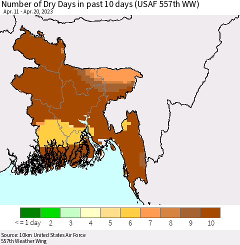 Bangladesh Number of Dry Days in past 10 days (USAF 557th WW) Thematic Map For 4/16/2023 - 4/20/2023