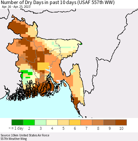 Bangladesh Number of Dry Days in past 10 days (USAF 557th WW) Thematic Map For 4/21/2023 - 4/25/2023