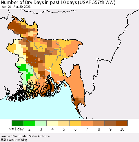 Bangladesh Number of Dry Days in past 10 days (USAF 557th WW) Thematic Map For 4/26/2023 - 4/30/2023