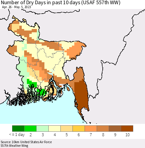 Bangladesh Number of Dry Days in past 10 days (USAF 557th WW) Thematic Map For 5/1/2023 - 5/5/2023