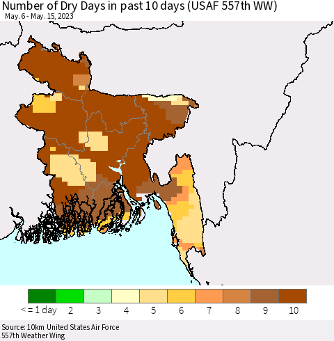 Bangladesh Number of Dry Days in past 10 days (USAF 557th WW) Thematic Map For 5/11/2023 - 5/15/2023