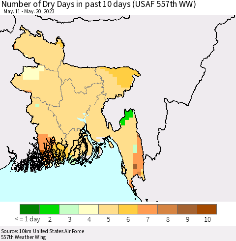 Bangladesh Number of Dry Days in past 10 days (USAF 557th WW) Thematic Map For 5/16/2023 - 5/20/2023