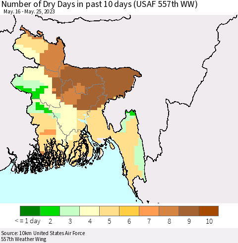 Bangladesh Number of Dry Days in past 10 days (USAF 557th WW) Thematic Map For 5/21/2023 - 5/25/2023