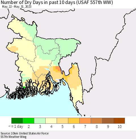 Bangladesh Number of Dry Days in past 10 days (USAF 557th WW) Thematic Map For 5/26/2023 - 5/31/2023