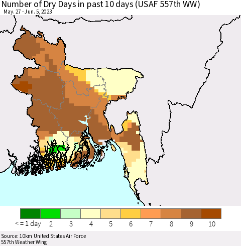 Bangladesh Number of Dry Days in past 10 days (USAF 557th WW) Thematic Map For 6/1/2023 - 6/5/2023