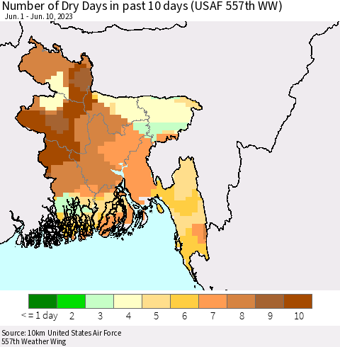 Bangladesh Number of Dry Days in past 10 days (USAF 557th WW) Thematic Map For 6/6/2023 - 6/10/2023