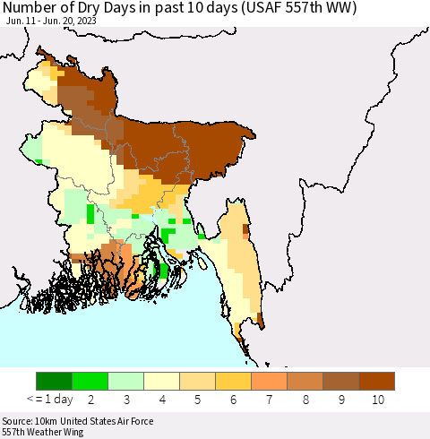 Bangladesh Number of Dry Days in past 10 days (USAF 557th WW) Thematic Map For 6/16/2023 - 6/20/2023