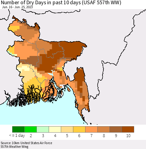 Bangladesh Number of Dry Days in past 10 days (USAF 557th WW) Thematic Map For 6/21/2023 - 6/25/2023