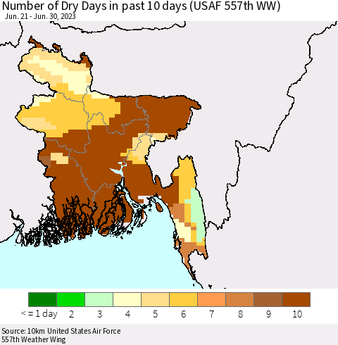 Bangladesh Number of Dry Days in past 10 days (USAF 557th WW) Thematic Map For 6/26/2023 - 6/30/2023