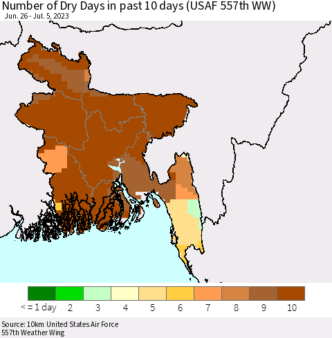 Bangladesh Number of Dry Days in past 10 days (USAF 557th WW) Thematic Map For 7/1/2023 - 7/5/2023