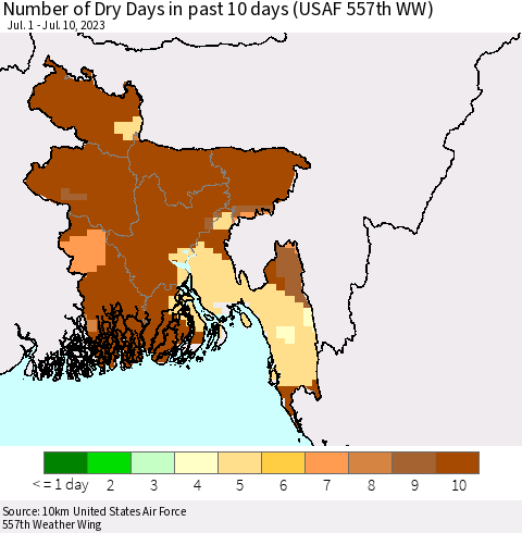 Bangladesh Number of Dry Days in past 10 days (USAF 557th WW) Thematic Map For 7/6/2023 - 7/10/2023