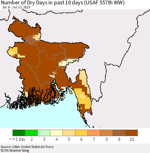 Bangladesh Number of Dry Days in past 10 days (USAF 557th WW) Thematic Map For 7/11/2023 - 7/15/2023