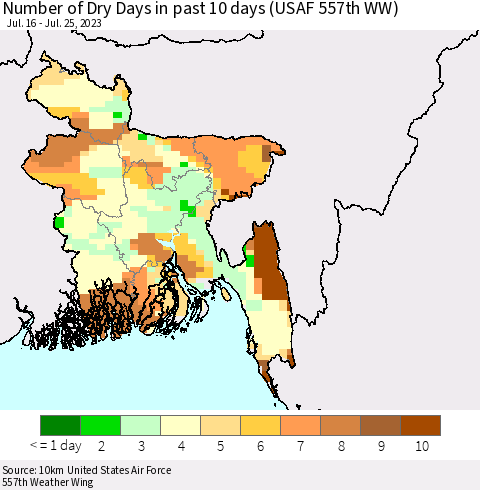 Bangladesh Number of Dry Days in past 10 days (USAF 557th WW) Thematic Map For 7/21/2023 - 7/25/2023