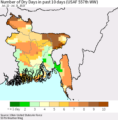 Bangladesh Number of Dry Days in past 10 days (USAF 557th WW) Thematic Map For 7/26/2023 - 7/31/2023