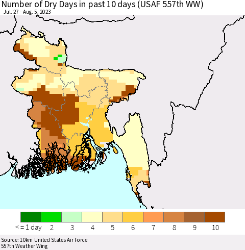 Bangladesh Number of Dry Days in past 10 days (USAF 557th WW) Thematic Map For 8/1/2023 - 8/5/2023