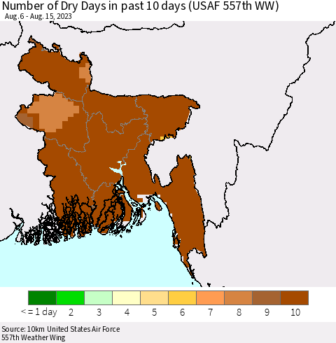 Bangladesh Number of Dry Days in past 10 days (USAF 557th WW) Thematic Map For 8/11/2023 - 8/15/2023