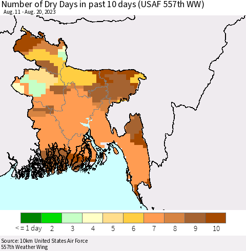 Bangladesh Number of Dry Days in past 10 days (USAF 557th WW) Thematic Map For 8/16/2023 - 8/20/2023