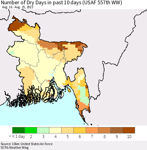 Bangladesh Number of Dry Days in past 10 days (USAF 557th WW) Thematic Map For 8/21/2023 - 8/25/2023