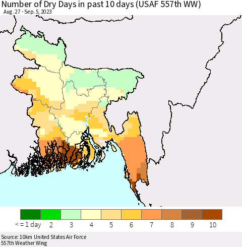 Bangladesh Number of Dry Days in past 10 days (USAF 557th WW) Thematic Map For 9/1/2023 - 9/5/2023