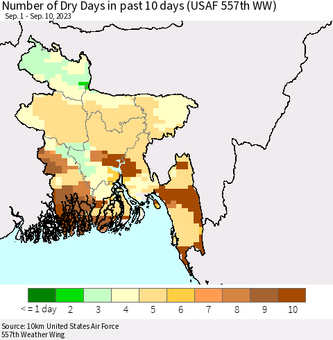 Bangladesh Number of Dry Days in past 10 days (USAF 557th WW) Thematic Map For 9/6/2023 - 9/10/2023