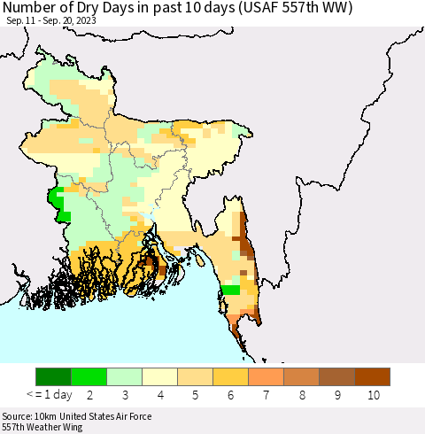 Bangladesh Number of Dry Days in past 10 days (USAF 557th WW) Thematic Map For 9/16/2023 - 9/20/2023