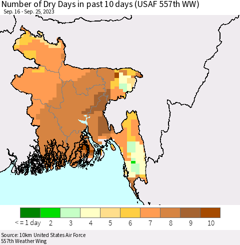 Bangladesh Number of Dry Days in past 10 days (USAF 557th WW) Thematic Map For 9/21/2023 - 9/25/2023