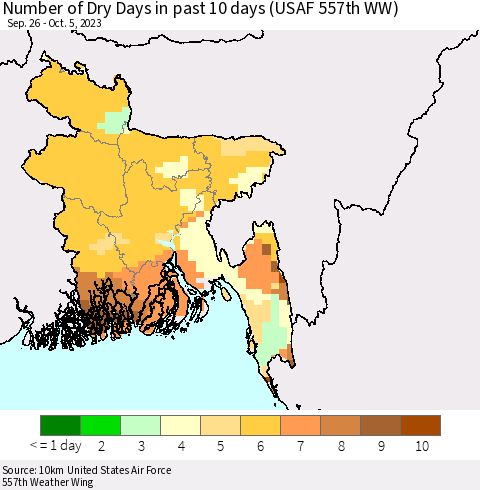 Bangladesh Number of Dry Days in past 10 days (USAF 557th WW) Thematic Map For 10/1/2023 - 10/5/2023