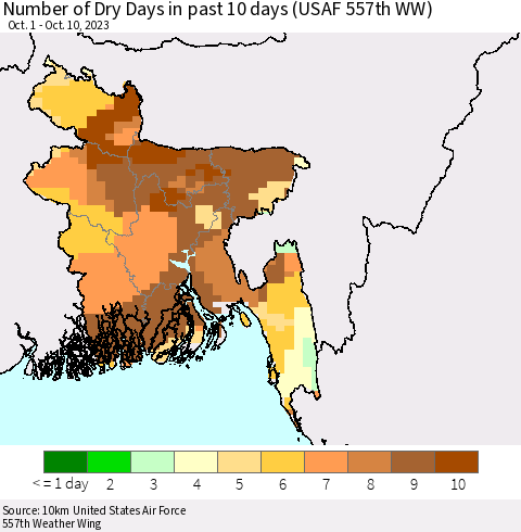 Bangladesh Number of Dry Days in past 10 days (USAF 557th WW) Thematic Map For 10/6/2023 - 10/10/2023