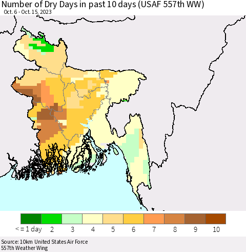 Bangladesh Number of Dry Days in past 10 days (USAF 557th WW) Thematic Map For 10/11/2023 - 10/15/2023