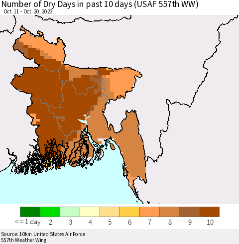 Bangladesh Number of Dry Days in past 10 days (USAF 557th WW) Thematic Map For 10/16/2023 - 10/20/2023