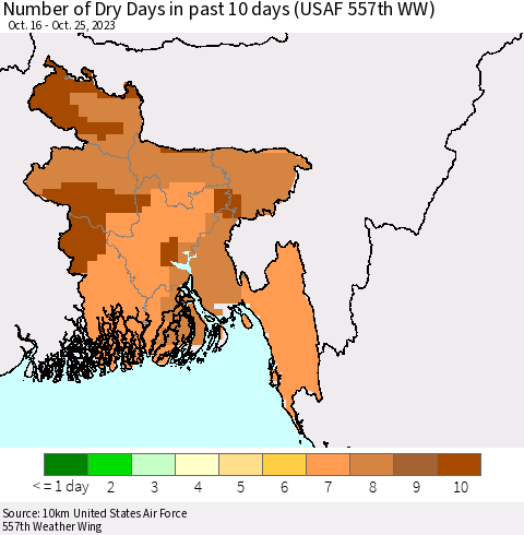 Bangladesh Number of Dry Days in past 10 days (USAF 557th WW) Thematic Map For 10/21/2023 - 10/25/2023
