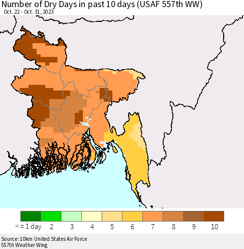 Bangladesh Number of Dry Days in past 10 days (USAF 557th WW) Thematic Map For 10/26/2023 - 10/31/2023