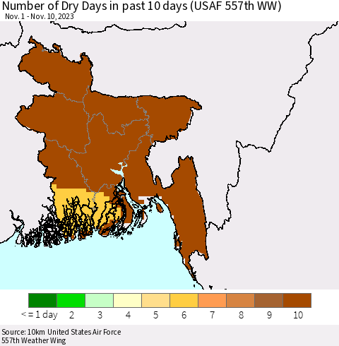 Bangladesh Number of Dry Days in past 10 days (USAF 557th WW) Thematic Map For 11/6/2023 - 11/10/2023