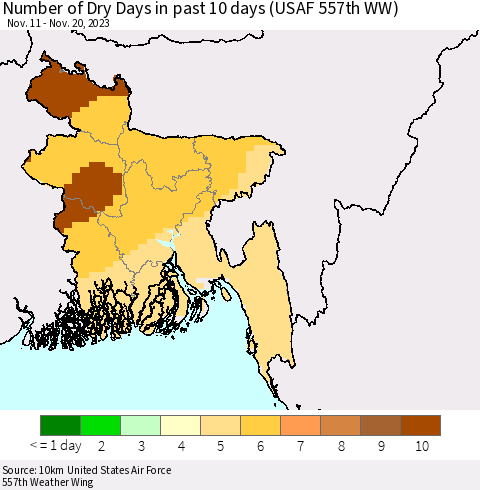 Bangladesh Number of Dry Days in past 10 days (USAF 557th WW) Thematic Map For 11/16/2023 - 11/20/2023