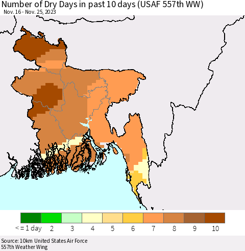 Bangladesh Number of Dry Days in past 10 days (USAF 557th WW) Thematic Map For 11/21/2023 - 11/25/2023