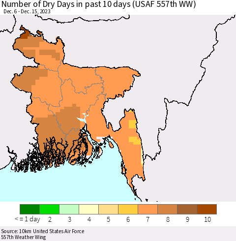 Bangladesh Number of Dry Days in past 10 days (USAF 557th WW) Thematic Map For 12/11/2023 - 12/15/2023