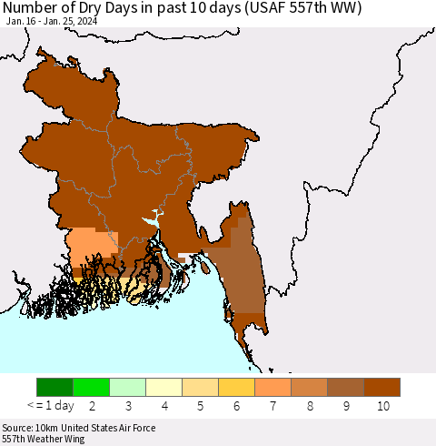 Bangladesh Number of Dry Days in past 10 days (USAF 557th WW) Thematic Map For 1/21/2024 - 1/25/2024