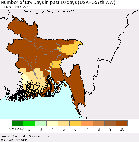 Bangladesh Number of Dry Days in past 10 days (USAF 557th WW) Thematic Map For 2/1/2024 - 2/5/2024