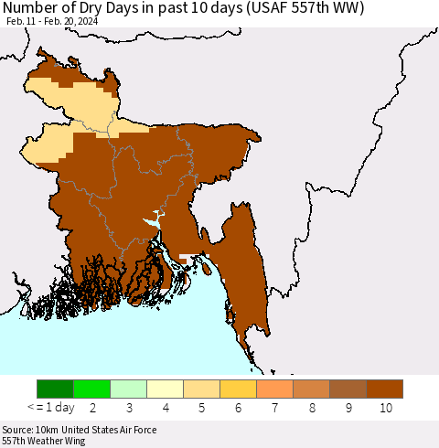 Bangladesh Number of Dry Days in past 10 days (USAF 557th WW) Thematic Map For 2/16/2024 - 2/20/2024