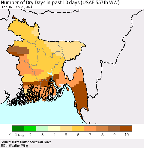 Bangladesh Number of Dry Days in past 10 days (USAF 557th WW) Thematic Map For 2/21/2024 - 2/25/2024