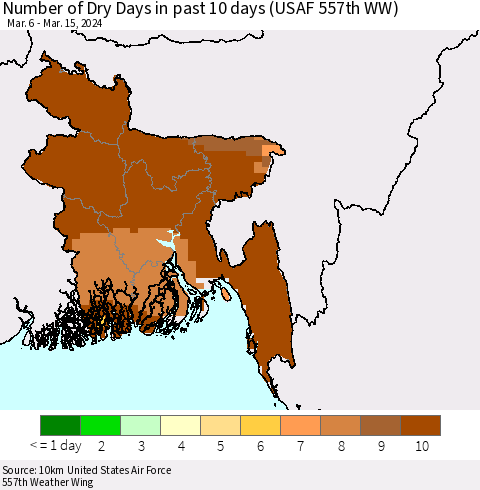 Bangladesh Number of Dry Days in past 10 days (USAF 557th WW) Thematic Map For 3/11/2024 - 3/15/2024