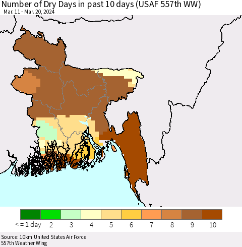 Bangladesh Number of Dry Days in past 10 days (USAF 557th WW) Thematic Map For 3/16/2024 - 3/20/2024