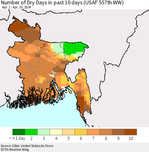 Bangladesh Number of Dry Days in past 10 days (USAF 557th WW) Thematic Map For 4/6/2024 - 4/10/2024